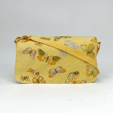 HERMES 棉帆布金扣中古單肩包黃色蝴蝶圖案肩背包