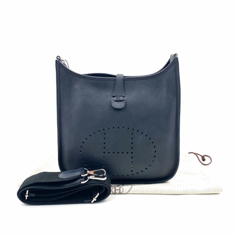 Hermès 愛馬仕 黑色全皮銀扣伊芙琳單肩包 匡N刻 尺29 男女同款