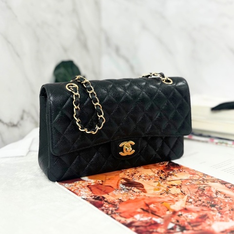Chanel 經典 25 黑色荔枝皮鏈條銀釦雙翻蓋肩背包