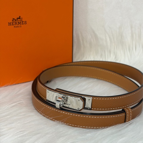 Hermes 37金棕epsom牛皮銀釦凱莉雙圈皮帶 腰帶Kelly