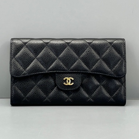 chanel香奈兒CF長款三折錢包黑金/18*11*3cm 21開