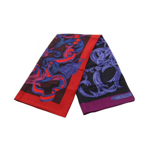 愛馬仕 Carre140 LA MORS A LA CONETABLE 絲巾，黑色紫色，真絲羊絨混紡，二手