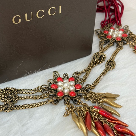 GUCCI 黃銅 辣椒 紅 半 寶石 流蘇 珍珠 項鍊 長鍊 腰鍊 皮帶 腰帶 掛飾 擺件 多用途