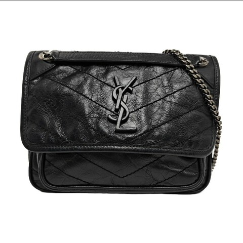 YSL NIKI 小号 黑色牛皮衍縫V紋單肩包斜挎包 黑色 釕色五金