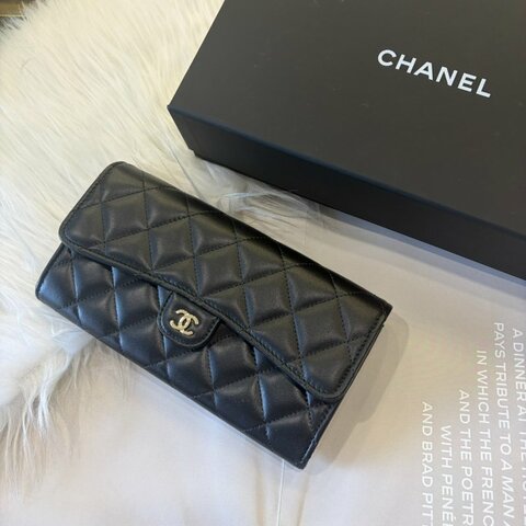 CHANEL 羊皮金釦釦式長夾 黑色 晶片