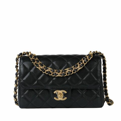CHANEL 香奈兒 Coco 25P 黑色金扣魚子醬牛皮｜雙鏈口蓋包 手提包 肩背包 斜背包｜晶片款 20cm黃金尺寸 人氣新款｜KÉSH 凱仕精品