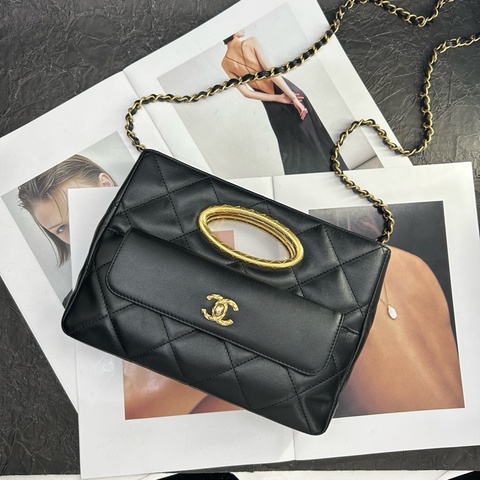 Chanel香奈兒 24B 黑金菱格紋羊皮晚宴手拿包手提包單肩包鏈條斜挎包 底長25 純芯片
