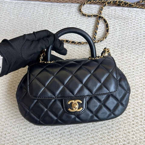 Chanel香奈兒 黑金菱格紋手柄鏈條包元寶包手提包斜挎包 芯片款