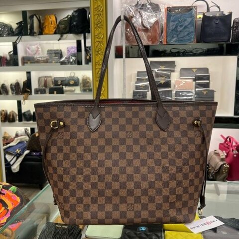 東區正精品㊣LV N51105 NEVERFULL MM 咖啡色棋盤格束口購物包肩背包中款 RZ6522