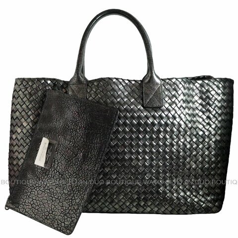 金鐸精品~2548 BOTTEGA VENETA BV 寶緹嘉Cabat金屬光澤感黑霧銀色編織牛皮限量款大號手提托特包