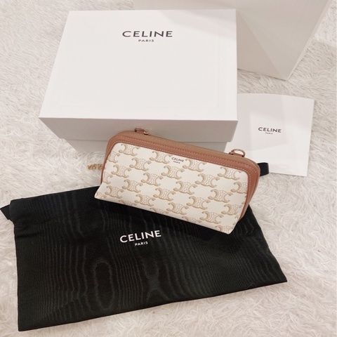 二手CELINE TRIOMPHE白色帆布及羊皮飾鍊貝殼包