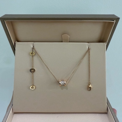 BVLGARI 寶格麗 滿鑽小蠻腰項鍊 18K玫瑰金 三環可調節長度