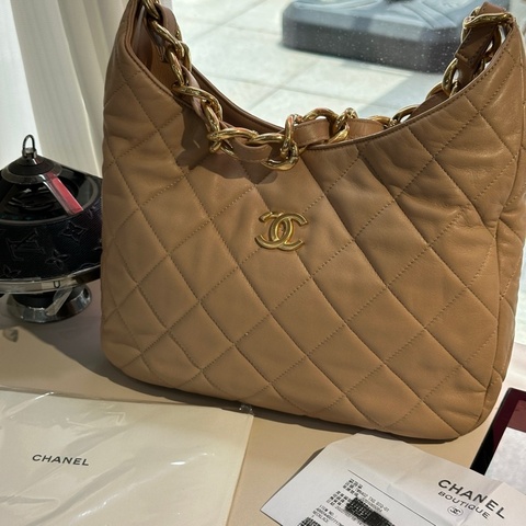 99新 芯片款 Chanel 香奈兒 米色 粗鏈條hobo