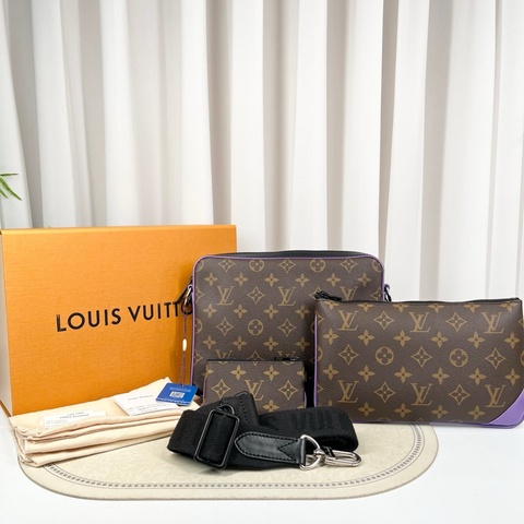 LV路易威登 芯片款 紫色三合一老花滿印郵差包單肩斜挎包