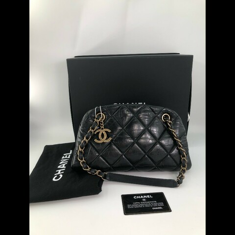 Chanel香奈兒 黑金牛油蠟牛皮mini小號保齡球包