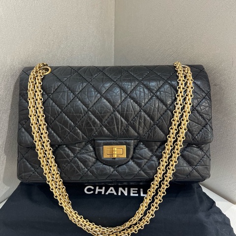 98新✨香奈兒/Chanel 黑金2.55中號 復古小牛皮與金色金屬  雙蓋菱格紋 可單肩可斜挎