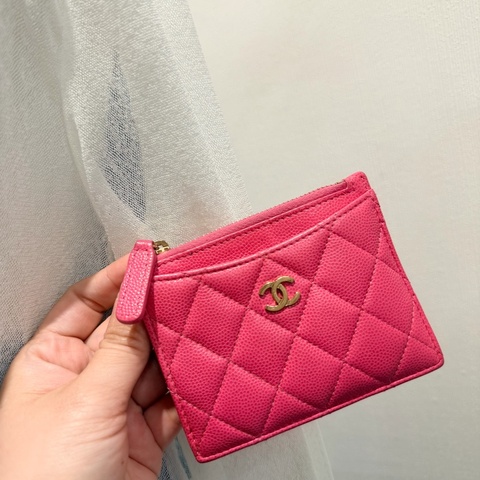 Chanel 香奈兒  荔枝牛皮 拉鍊卡包 零錢包 粉