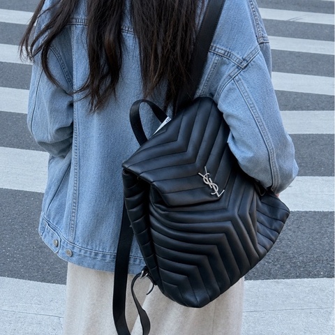 Saint Laurent YSL 黑色 山型紋 牛皮 Loulou 後背包 雙肩包 銀釦 466517