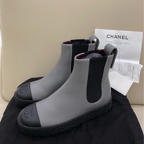 閒置未使用 CHANEL香奈兒 時尚短靴 36碼 小牛皮 黑灰拼色
