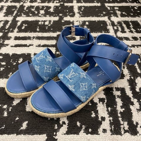Louis Vuitton 路易威登皮革拼單寧牛仔 編織鞋底邊 平底涼鞋 37碼