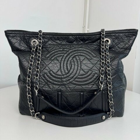 香奈兒/Chanel 黑銀褶皺浮雕托特 鏈條肩背包