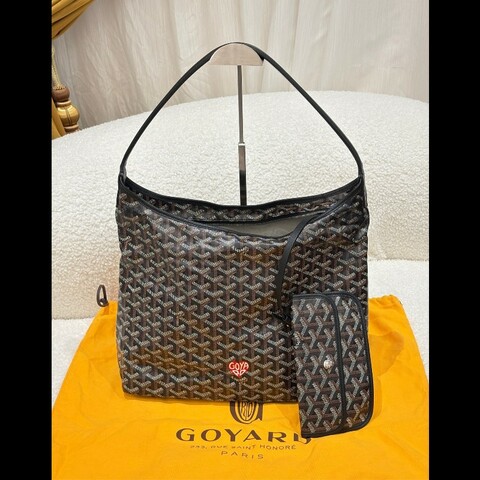 GOYARD 戈雅 Bohème Hobo Y字老花滿印抗壓皮革手柄腋下包 帆布拼牛皮子母包