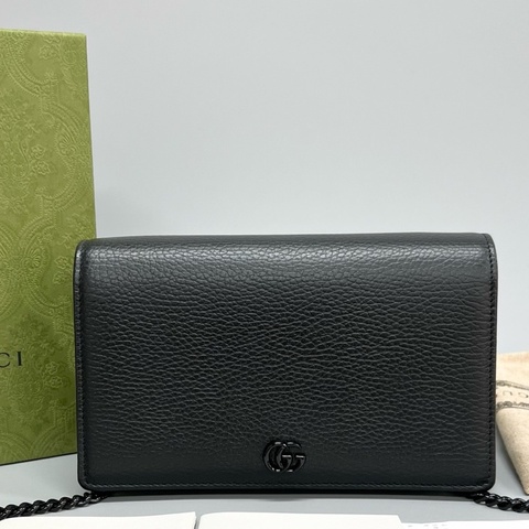 Gucci/古馳 GG Marmont系列 so black荔枝紋牛皮woc鏈條包