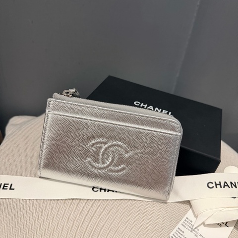 台灣專櫃購入 Chanel香奈兒  荔枝牛皮 L卡夾 零錢包 銀