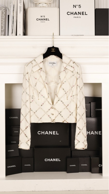 Chanel 22B张钧甯同款白金链条真丝菱格纹短款衬衫上衣