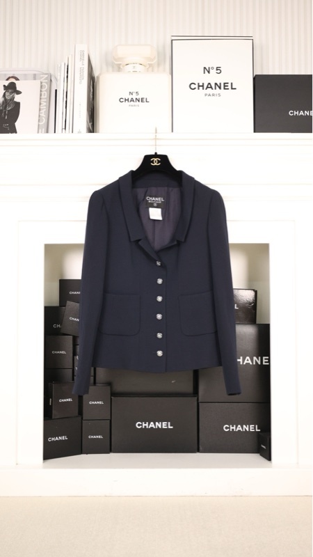 Chanel 98年深蓝色四叶草琉璃扣两口袋外套