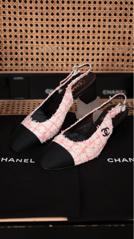 Chanel 24P Sling back粉色粗花呢高跟凉鞋