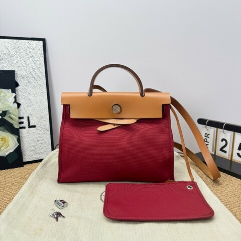 Hermès/愛馬仕 Herbag31 帆布拼皮紅棕配色