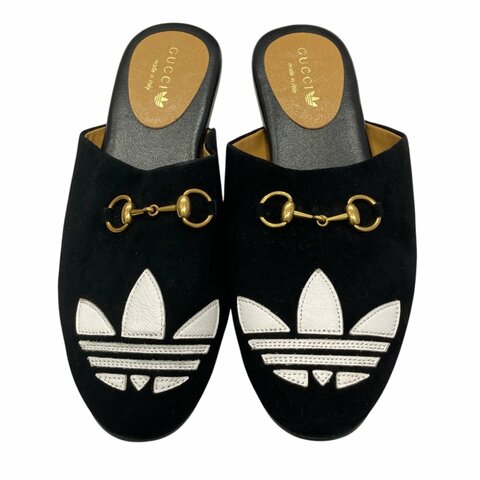 GUCCI 古馳 ADIDAS X GUCCI 聯名系列 SUEDE HORSEBIT MULES 馬銜扣穆勒鞋 麂皮 黑色