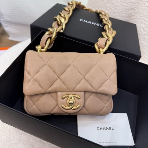 Chanel 奶茶色金釦雙c粗鍊肩背包