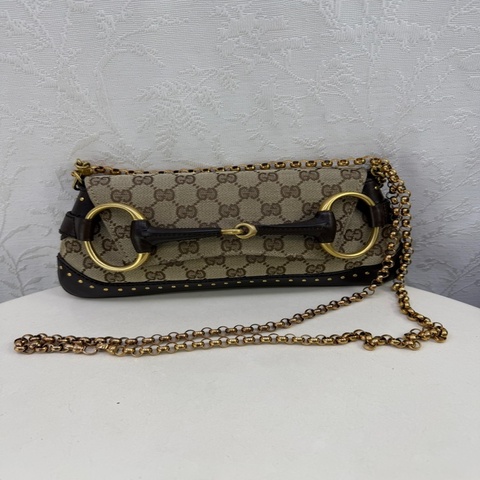 Gucci Monogram Studded Small Horsebit Clutch Dark Brown