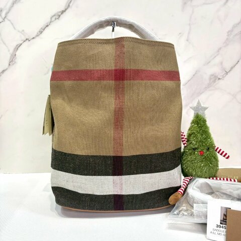 BURBERRY 全新棉麻格紋子母水桶包