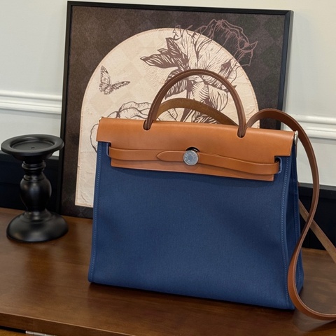 HERMES Z刻 藍帆布HERBAG 31肩背包
