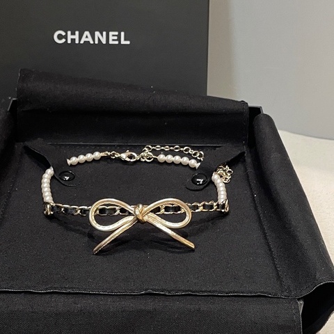 Chanel/香奈兒 22s新款珍珠皮穿鏈蝴蝶結項鍊choker 44cm
