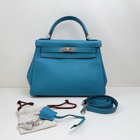 愛馬仕/Hermes  Kelly 28 Togo皮 糖果藍手提包斜挎包 銀扣