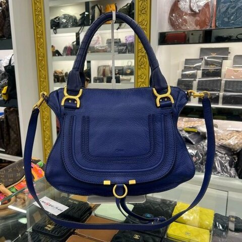 東區正精品㊣Chloe Marcie 藍色全皮金扣雙把手提包斜背包兩用包中款 RZ6527