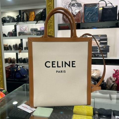 東區正精品㊣CELINE CABAS 近全新棕色皮革拼白色帆布字母直式琴譜包手提包斜背包 RZ6529