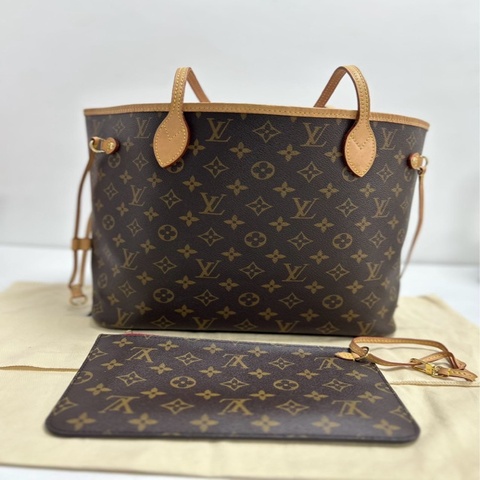 路易威登/Louis Vuitton Neverfull 純晶片款 MM 老花配色 塗層帆布牛皮飾邊 托特包/購物袋 單肩手提包 中號 玫紅內裡 公價15100 現貨好價