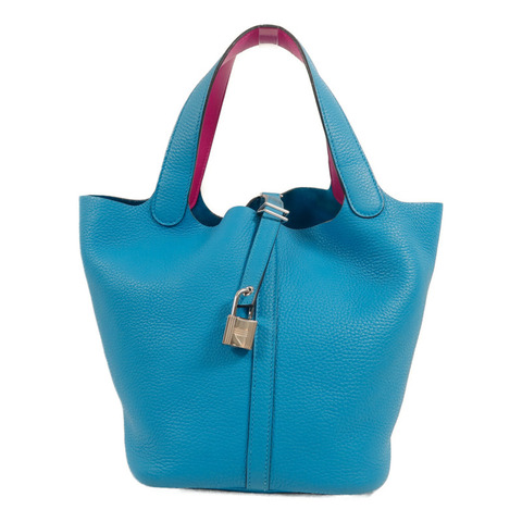 HERMES Clemence皮革Picotin MM扣手挽袋Bleu Frida/Rose Mex