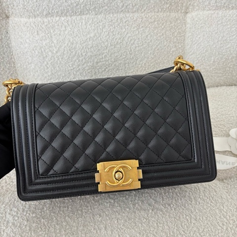 Chanel香奈兒 leboy中號黑金荔枝紋牛皮單肩包斜挎包 芯片款