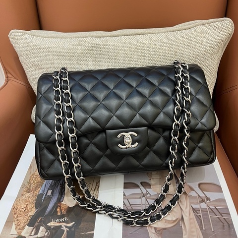 Chanel香奈兒 黑銀羊皮CF jumbo單肩包斜挎包 底長30cm