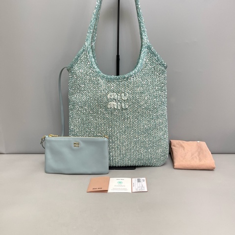 MiuMiu繆繆 冰藍色亮片編織viy子母單肩包  尺寸34×31 附件 塵袋