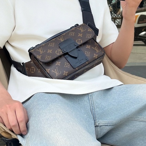 LV 路易威登 原花 Monogram Macassar 黑色 牛皮 S Lock Sling 手提包 胸包 斜背包 M45807