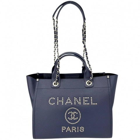 香奈兒 Deauville MM 女士手提包，鏈條單肩包，鉚釘裝飾，品牌標誌，Coco Mark 標誌，CHANEL 魚子醬皮革，藍/海軍藍，金色五金配件