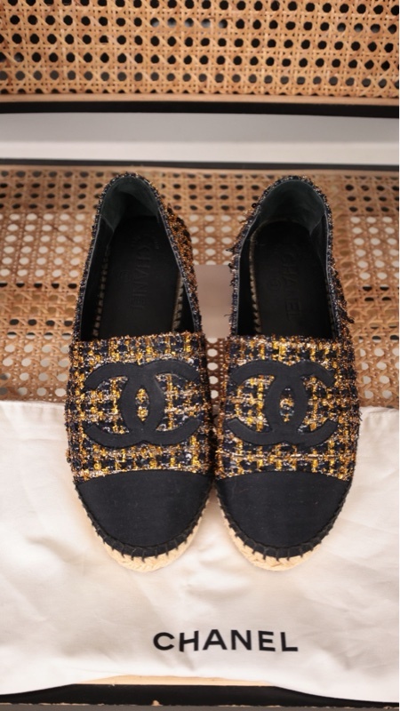 Chanel 18年黑金cc粗花呢编织渔夫鞋