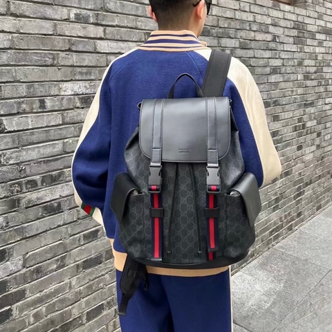 GUCCI黑灰老藍紅藍織帶下蓋束口後背包/495563